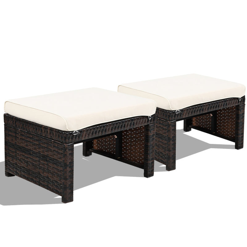 2 Pieces Patio Rattan Ottomans with Soft Cushion for Patio and Garden