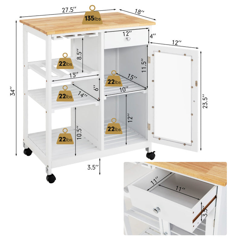 Rolling Trolley Cart with Drawer Glass Holder and Wine Rack for Kitchen