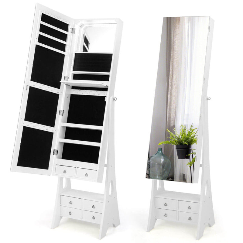 Freestanding Full Length LED Mirrored Jewelry Armoire with 6 Drawers