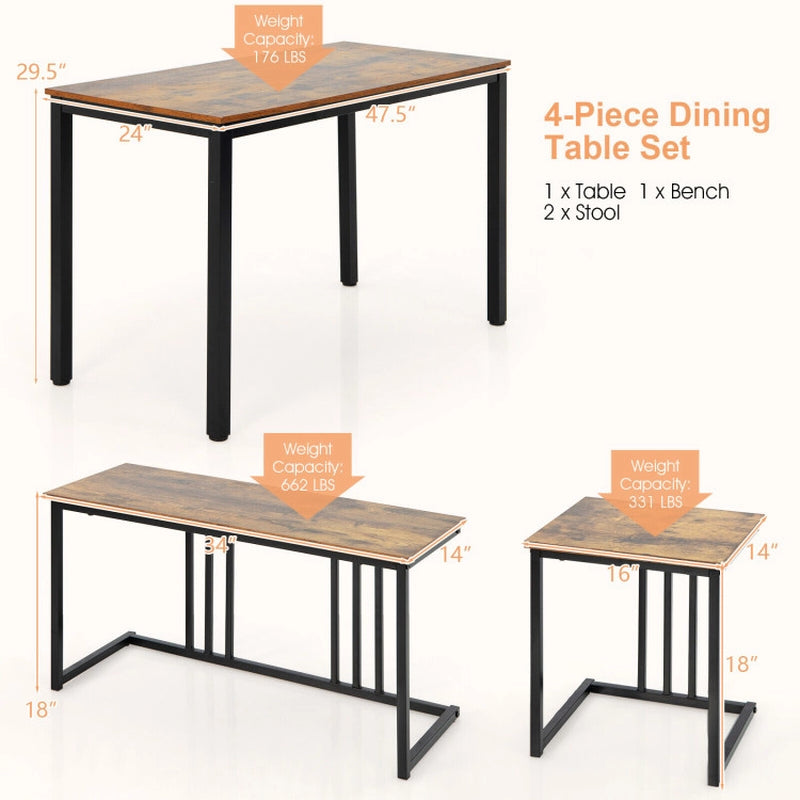 4 Pieces Industrial Dining Table Set with Bench and 2 Stools