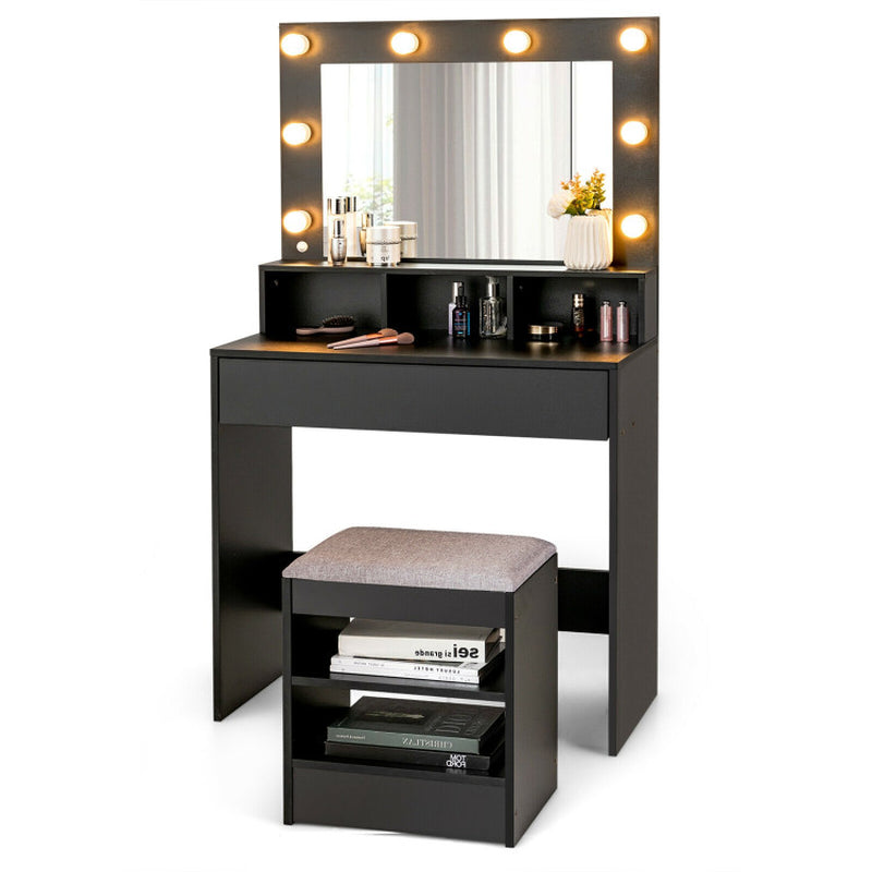Vanity Table Set with Lighted Mirror and Cushioned Stool
