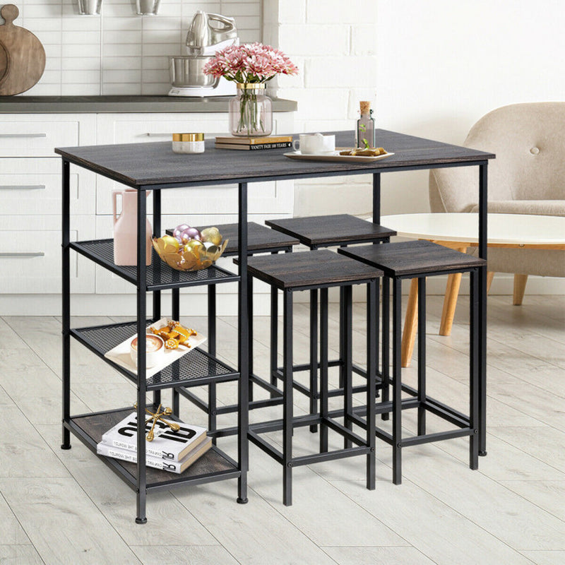 Industrial Dining Bar Pub Table with Metal Frame and Storage Shelves