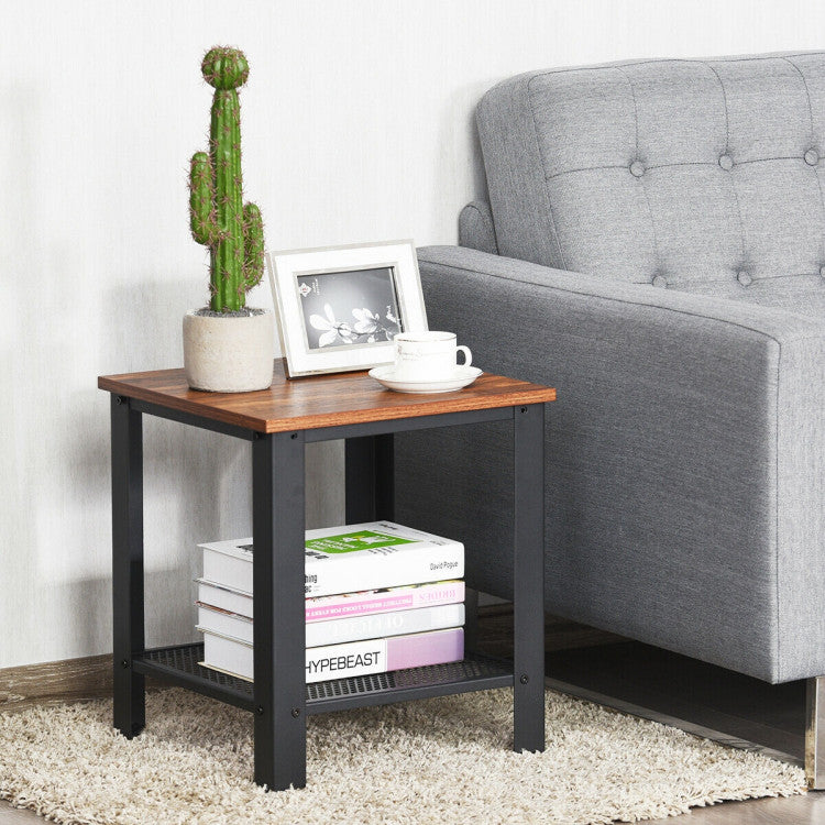 2-Tier Industrial End Table with Storage Shelf for Small Space