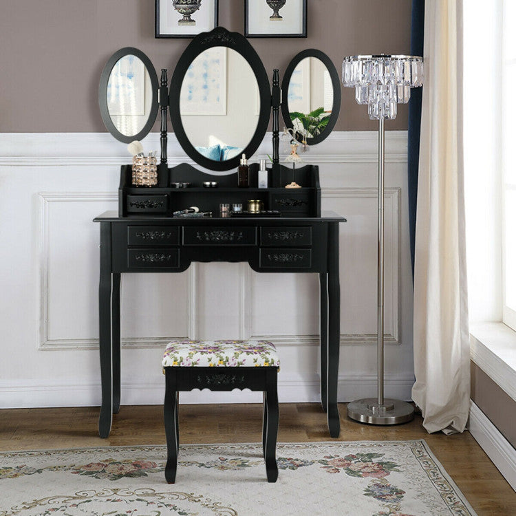 Vanity Set with Tri-Folding Mirror and Cushioned Stool