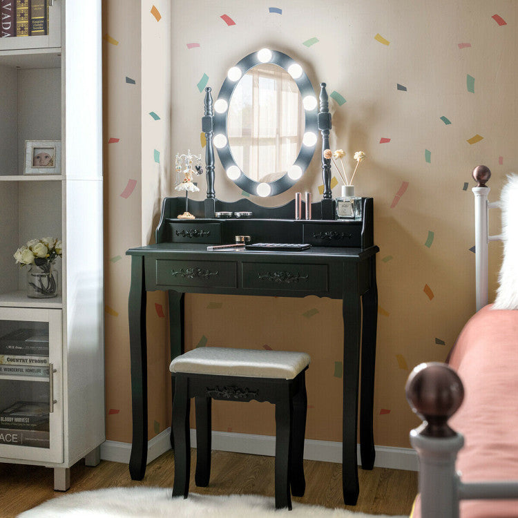 Makeup Dressing Table with Touch Switch Lighted Mirror and Cushioned Stool