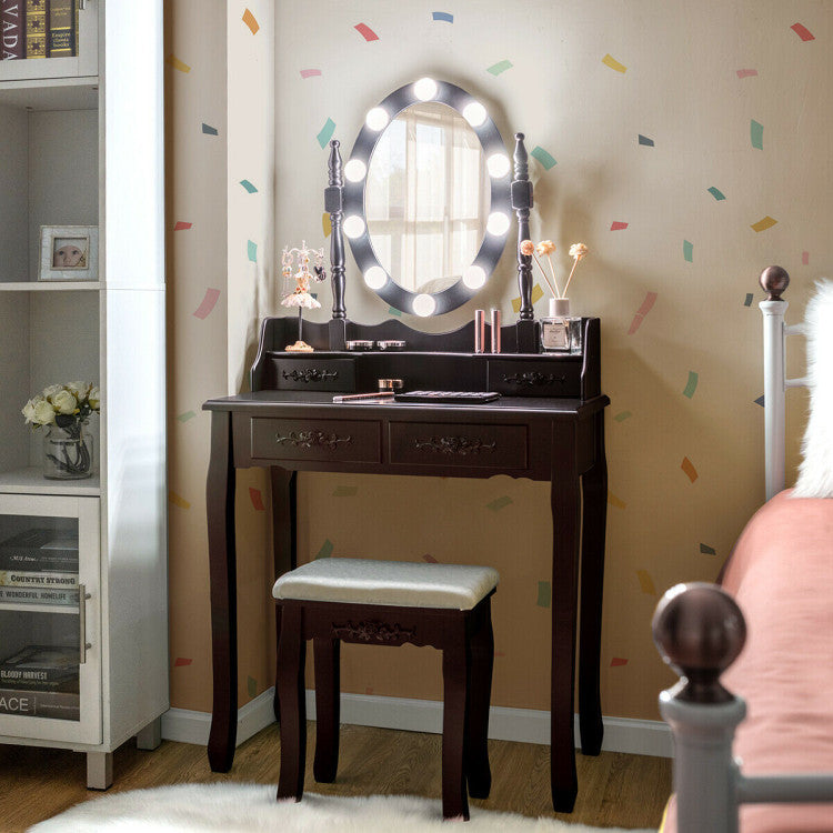 Makeup Dressing Table with Touch Switch Lighted Mirror and Cushioned Stool