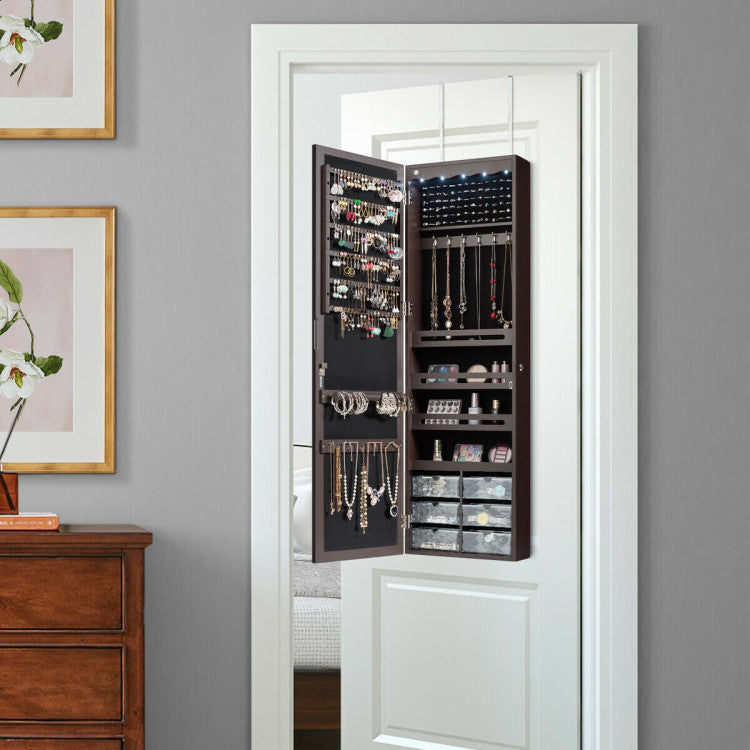 Door Hanging Mirror Jewelry Armoire with Full Length Mirror and 6 Drawers