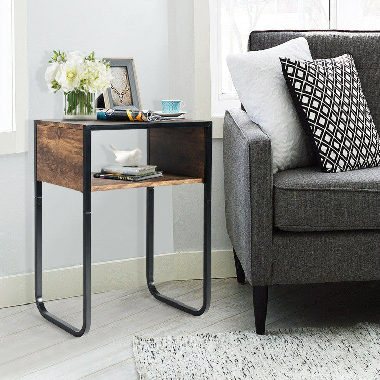 Industrial Side Table with Anti-Rust Steel Frame and Open Storage