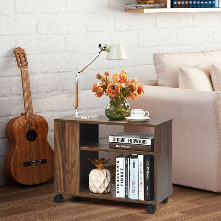 Multifunctional 3-Tier Side Table with Wheels and Large Storage Shelf