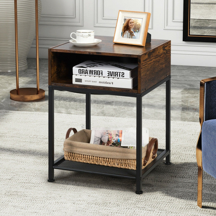 Industrial Nightstand End Side Table with Mesh Shelf