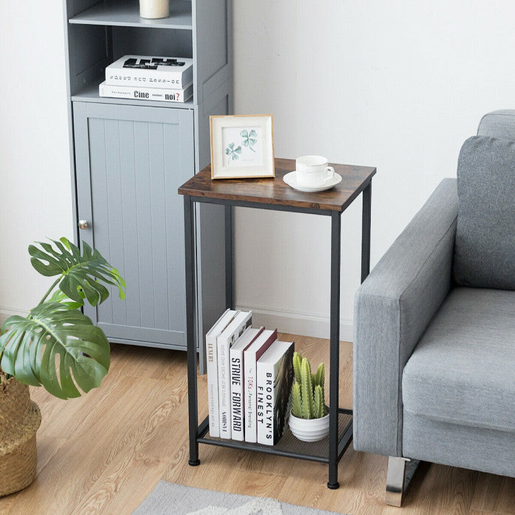 2-Tier Industrial End Table with Metal Mesh Storage Shelves