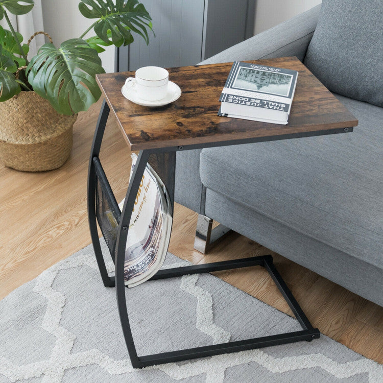 C-Shaped Vintage End Table with Side Pocket and Metal Frame