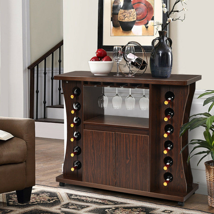 Rolling Buffet Sideboard Wooden Bar Storage Cabinet