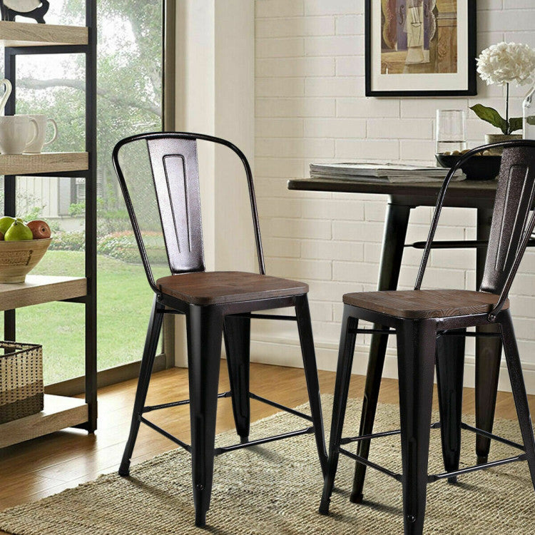 Set of 2 Copper Barstool with Wood Top and High Backrest