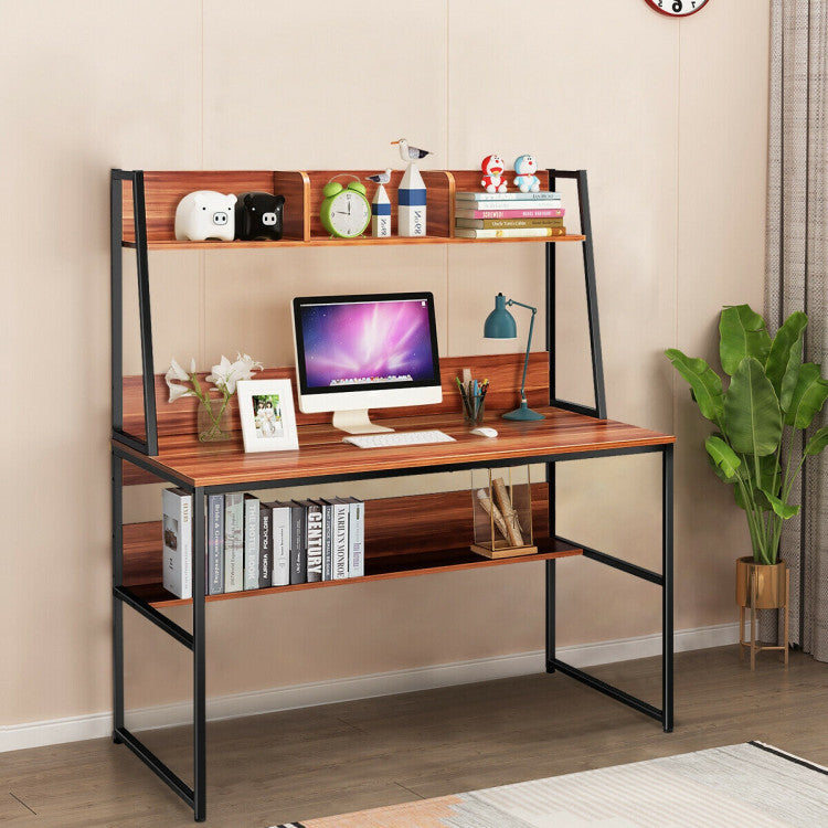 47 Inch Computer Desk with Open Storage Space and Bottom Bookshelf