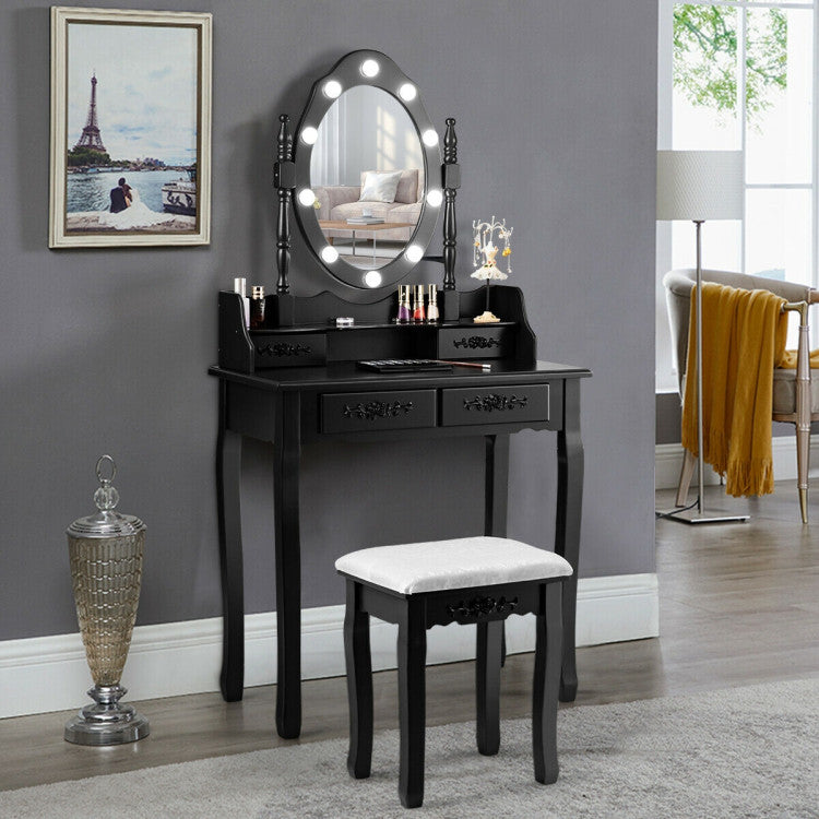 Makeup Vanity Dressing Table Set with Dimmable Bulbs Cushioned Stool