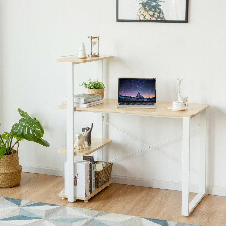 Reversible Computer Desk with 4 Tier Bookshelves and Spacious Desktop