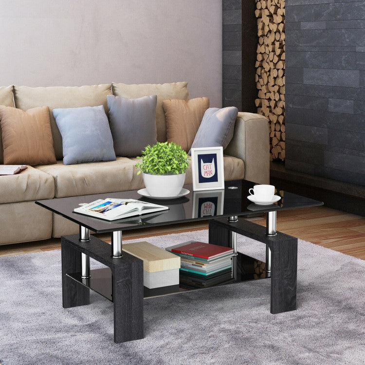 Rectangular Tempered Glass Coffee Table End Side Table with Shelf