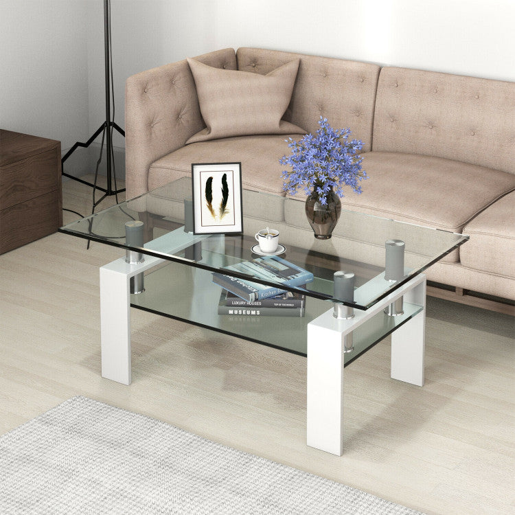 2-Tier Rectangle Glass Coffee Table with Storage Shelf for Living Room