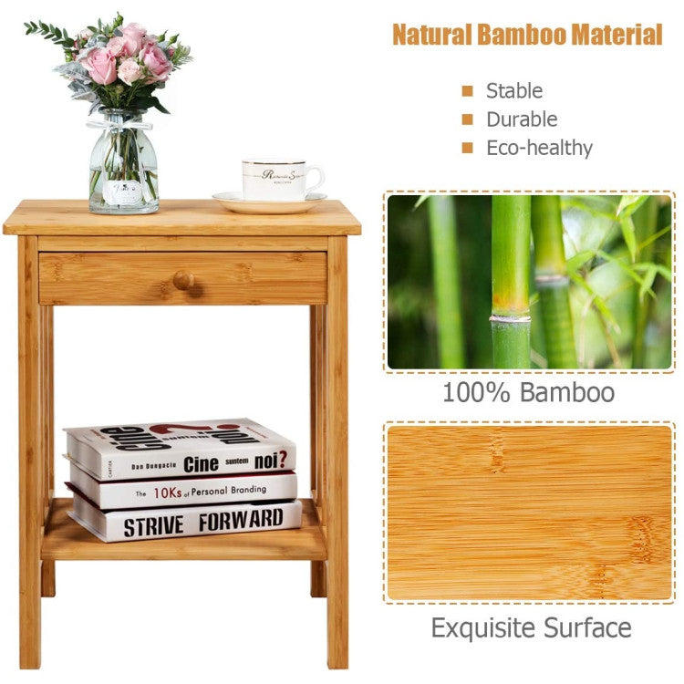 Multipurpose Bamboo End Table Nightstand with Drawer and Storage Shelf