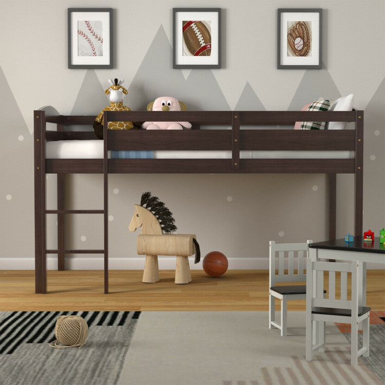 Wooden Twin Low Loft Bunk Bed with Guard Rail and Ladder