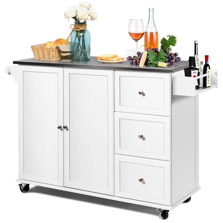 Kitchen Island 2-Door Storage Cabinet with Drawers and Stainless Steel Top