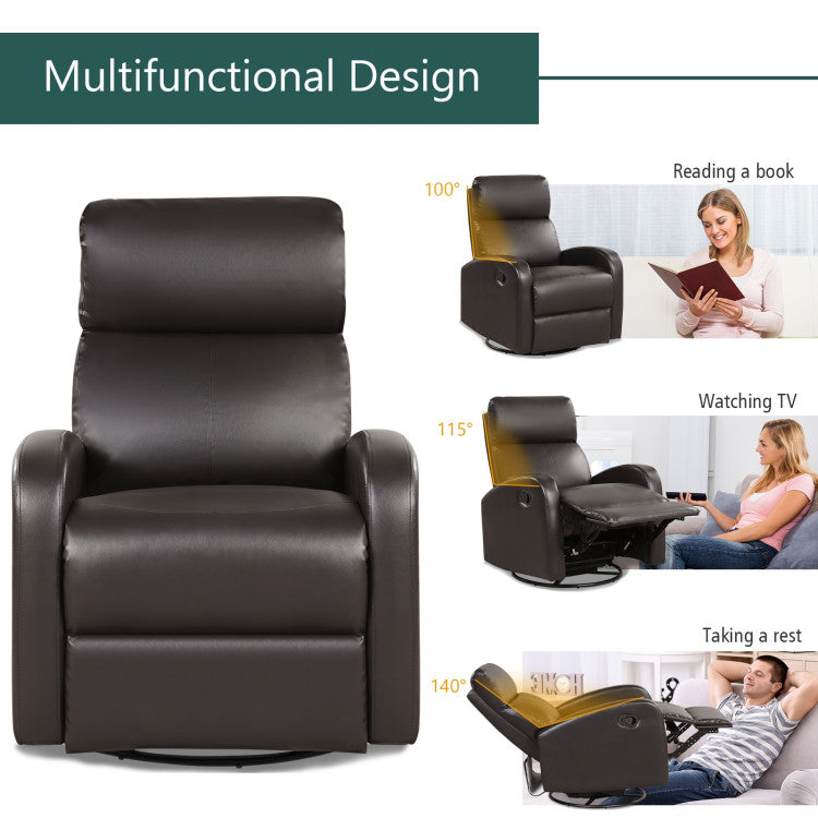 Leather Recliner Chair with 360° Swivel Glider and Padded Seat