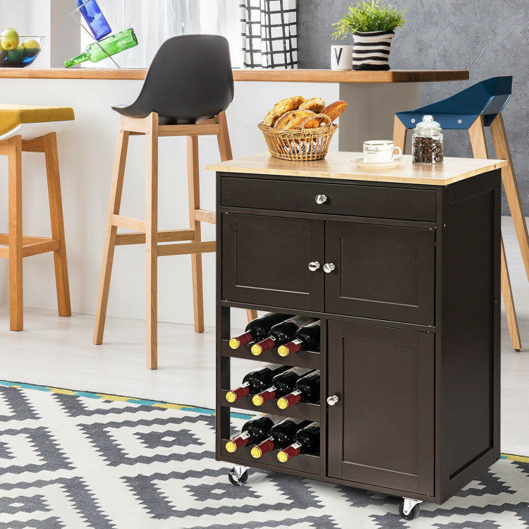 Kitchen Cart with Rubber Wood Top 3 Tier Wine Racks 2 Cabinets