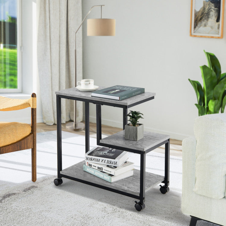 3-Tier Side Table with Open Shelf and Wheels for Living Room and Bedroom