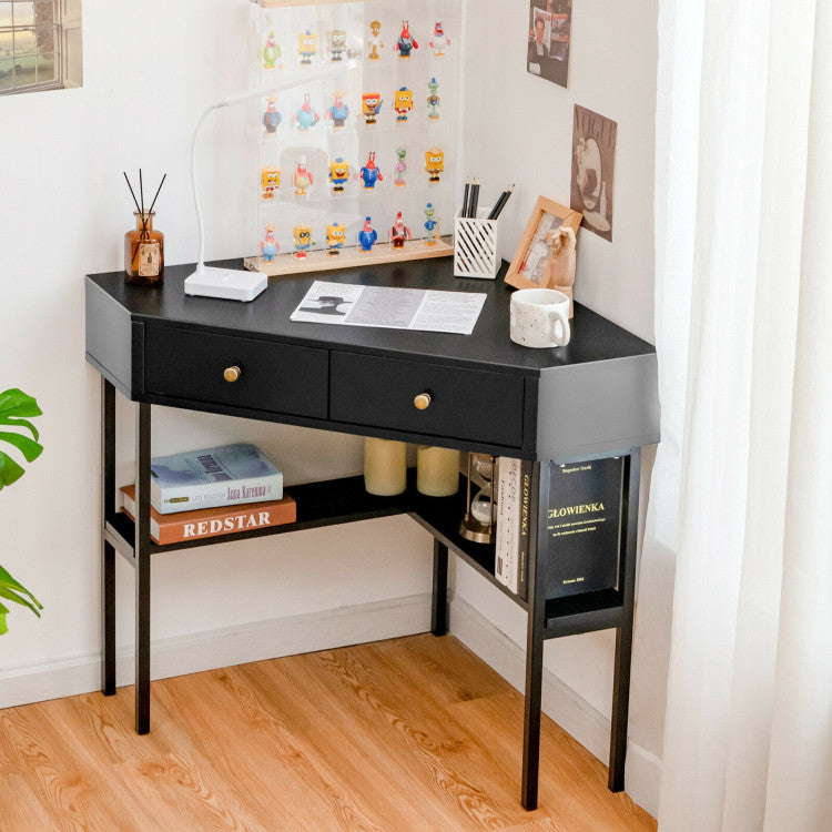 Space Saving Corner Computer Desk with 2 Large Drawers