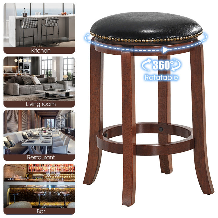 360 Degree Swivel Wooden Backless Bar Stool with Foot Rest and Cushioned Seat