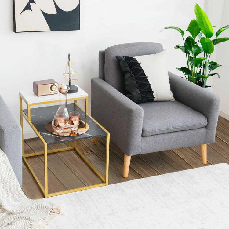 2-Tier Side Table with Metal Frame and Marble Finish Tabletop for Living Room