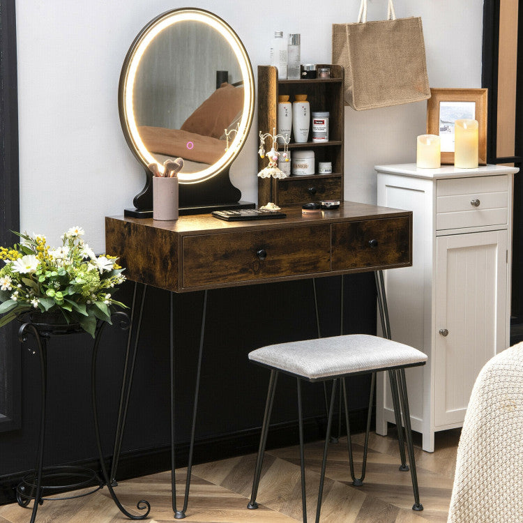 Vanity Table Set with Lighted Mirror and Cushion Stool