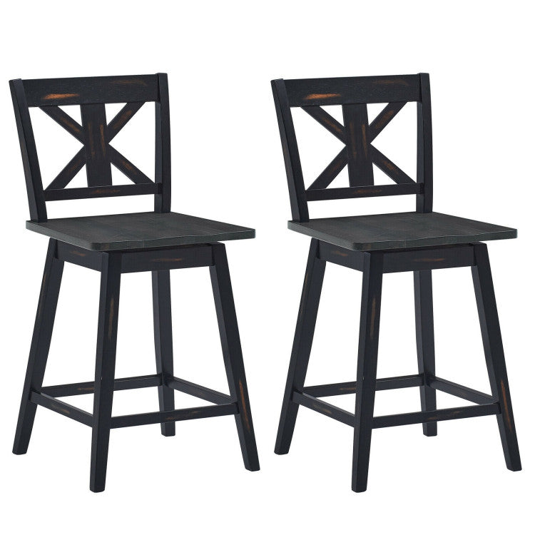 Set of 2 Swivel Counter Height Bar Stools with Solid Wood Legs for Home Pub