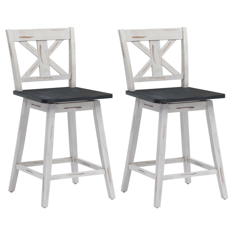 Set of 2 Swivel Counter Height Bar Stools with Solid Wood Legs for Home Pub