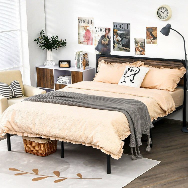 Metal Platform Bed Frame with Wooden Headboard