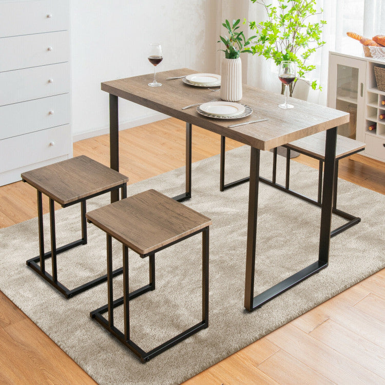 4 Pieces Industrial Dinette Set with Bench and 2 Stools