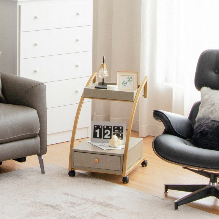 Modern 2-Tier Rolling End Table with Tray Top and Pull-Out Drawer