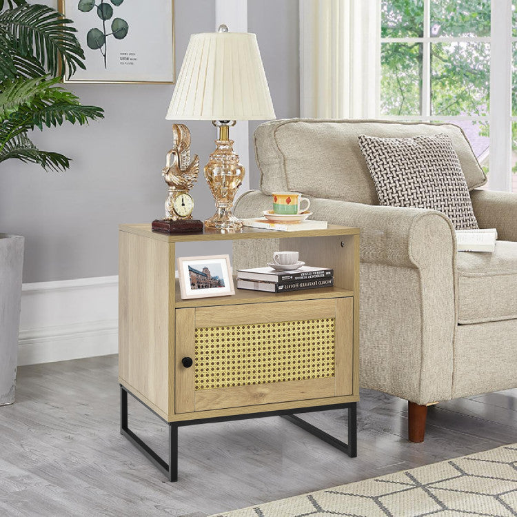 Wooden Side End Table with Cabinet and Rattan Decorated Door