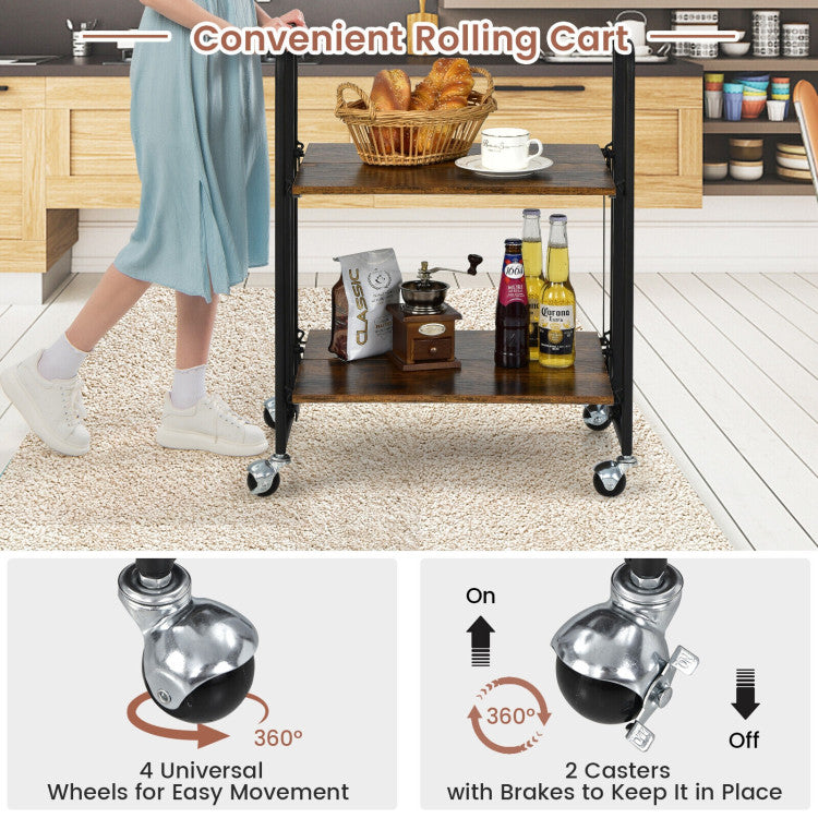 Foldable Rolling Cart with Storage Shelves for Kitchen