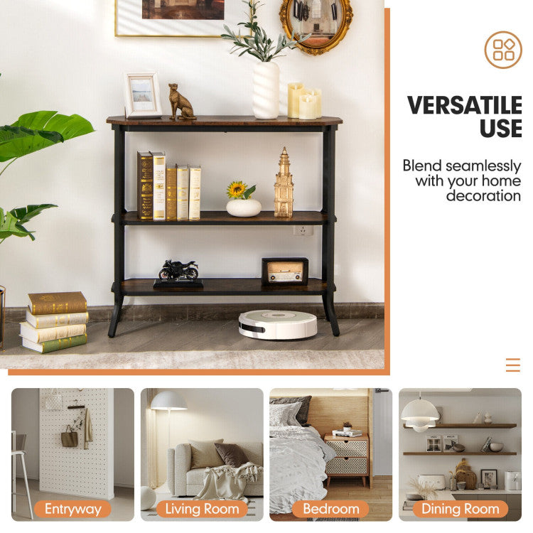 3-Tier Industrial Console Table with Open Storage Shelves and Steel Frame