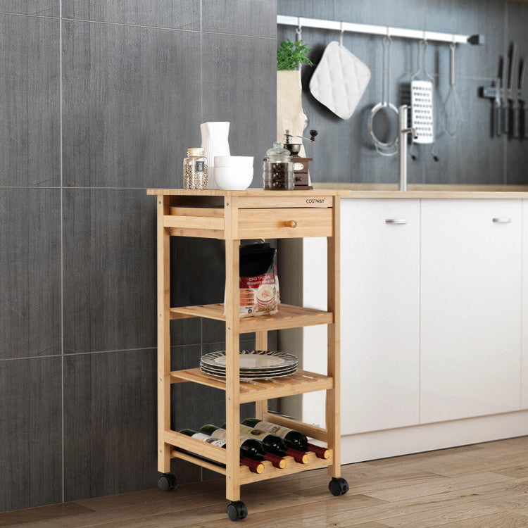 Bamboo Rolling Small Storage Cart with Drawer and Shelves