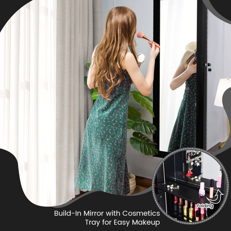 Lockable Wall Door Mounted Mirror Jewelry Cabinet with LED Lights