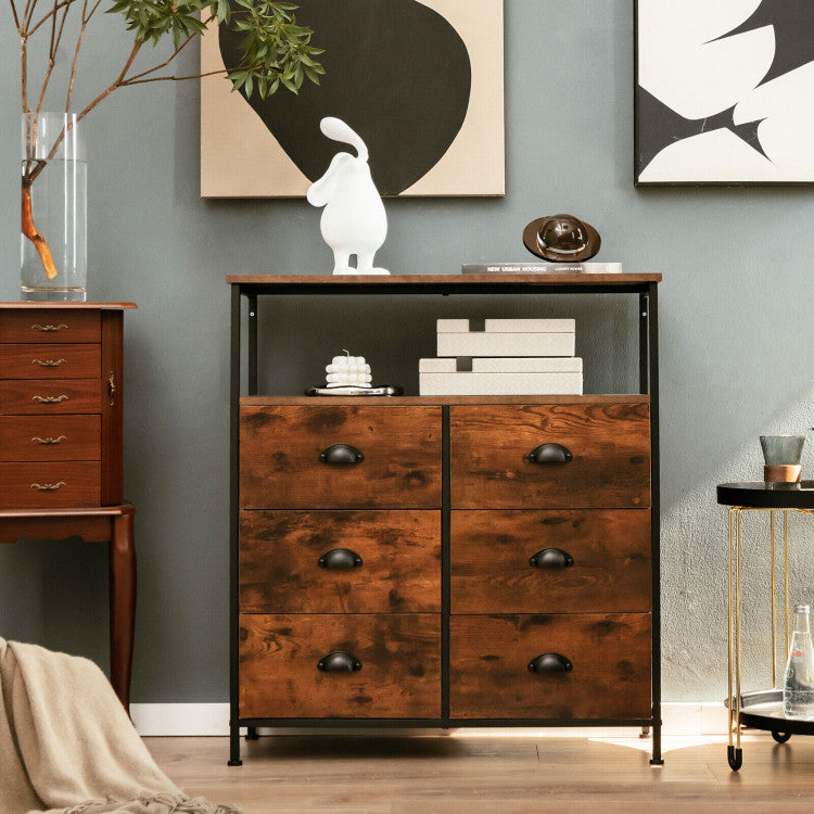 2-Tier Storage Chest with Wooden Top and 6 Fabric Drawers