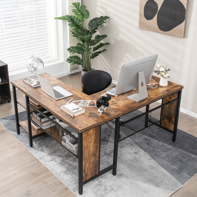 Industrial L-Shaped Corner Computer Desk Office Workstation with Storage Shelves