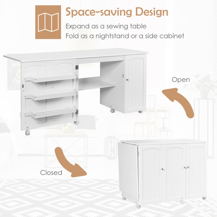 Folding Large Sewing Table Storage Shelves and Lockable Casters