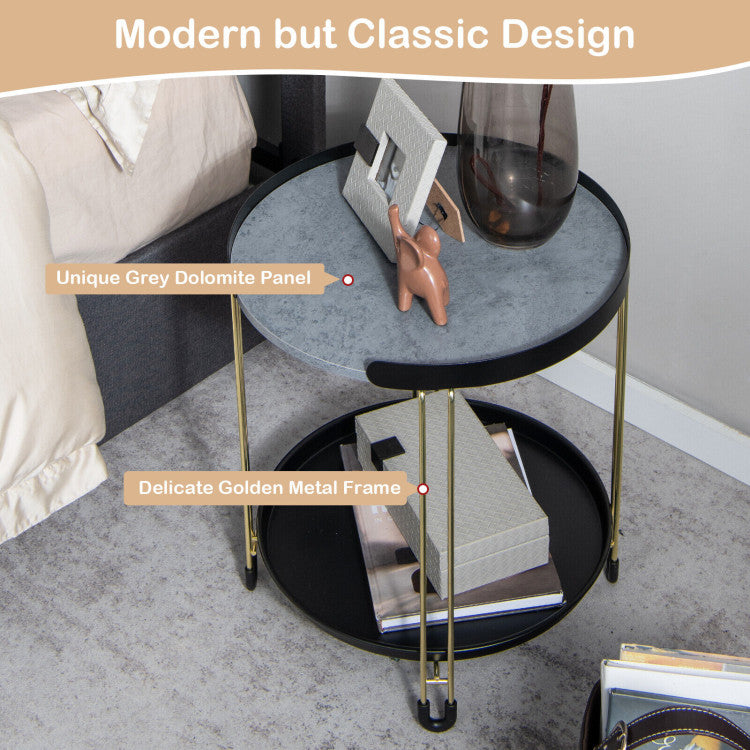 2-Tier round Side Table with Removable Tray and Metal Frame for Small Space