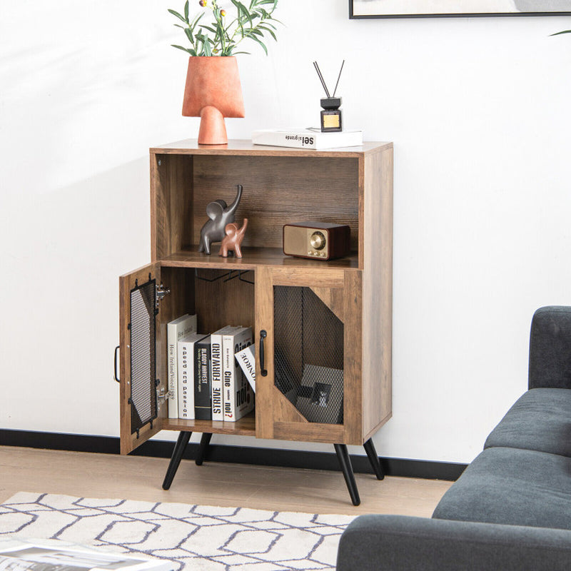 2-Door Farmhouse Kitchen Storage Bar Cabinet with Wine Rack and Glass Holder