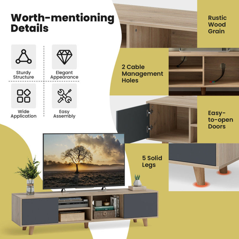 63 Inch TV Stand with 2 Doors and Open Shelves for Living Room