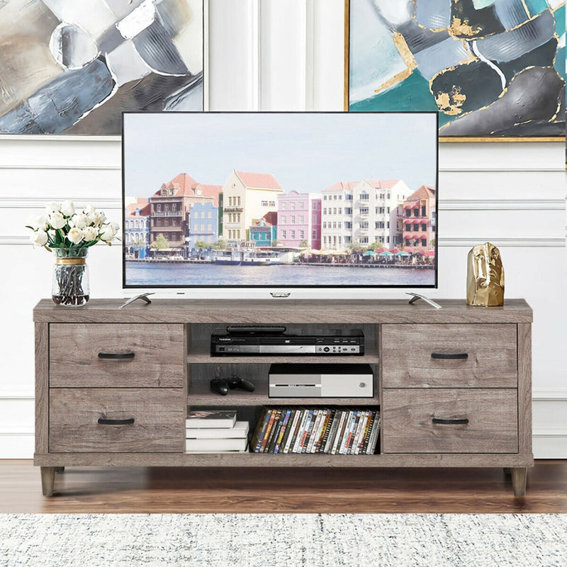 Retro Wooden TV Stand with 3 Open Shelves and 4 Drawers